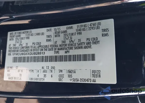 2016 Ford Escape Se из США, поврежденный, VIN 1FMCU9GXXGUB28513